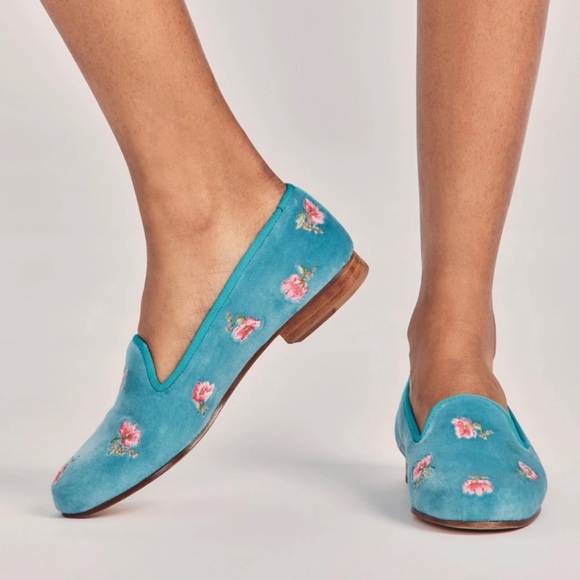LoveShackFancy Shoes - LoveShackFancy x Stubbs and Wootton Roses Slipper in Turquoise Blue Velvet